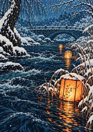 Three glowing amber paper lanterns float among snowy reeds in a dark stream beneath a low stone bridge, framed by snow-covered branches.