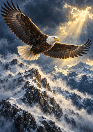 White-headed bald eagle gliding with spread wings above snowy mountain peaks and mist, with golden light breaking through dark clouds.