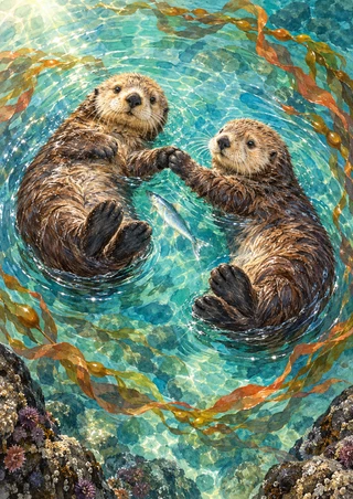 Two brown sea otters float belly-up in turquoise water, touching forepaws across a silver fish amid kelp, ripples, and rocks.
