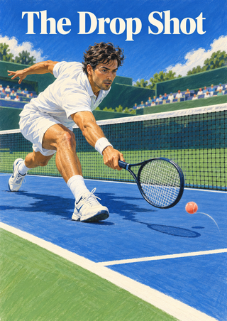 Illustrated tennis player lunging toward an orange ball on a blue court beside a net, with The Drop Shot title above.