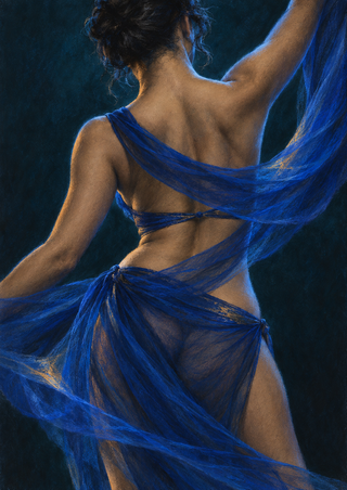 Rear-view adult dancer with one arm raised, wrapped in flowing cobalt-blue fabric against a dark teal background.