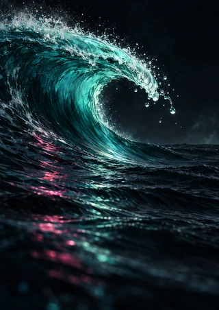 Luminous turquoise wave crest curling over dark rippling water, with white foam, suspended droplets and magenta reflections.