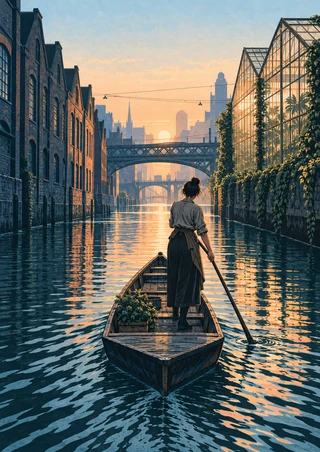 A woman poles a narrow skiff along a reflective urban canal at dawn, with brick warehouses to the left and a vine-covered glass greenhouse to the right.