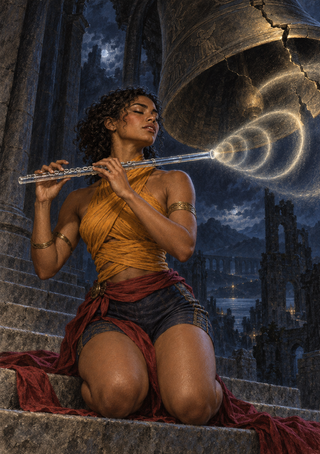 Curly-haired woman kneeling on stone steps and playing a silver flute as pale luminous rings lead toward a cracked stone structure.