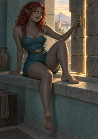 Gray-skinned, pointed-eared woman with curly red hair seated on a stone windowsill, reaching toward a brass wall fixture with a sunlit town and mountains beyond.