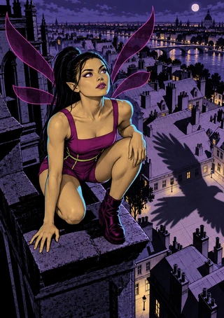 Pointed-ear fairy with magenta-outlined wings crouching on a rooftop above a moonlit city.