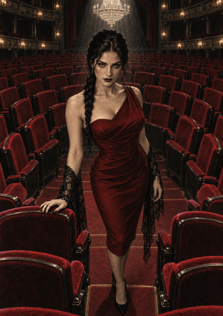 Dark-haired woman in a burgundy gown and black lace gloves walking through an ornate opera house with red seats and a chandelier.