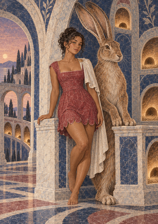 A woman in a rose-colored dress stands beside an oversized upright-eared hare in a marble-and-mosaic hall with arched openings.