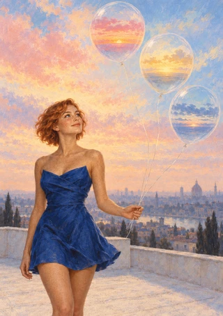 A short-haired woman in a blue dress stands on a rooftop holding strings to three large translucent, sunset-colored balloons above a city.
