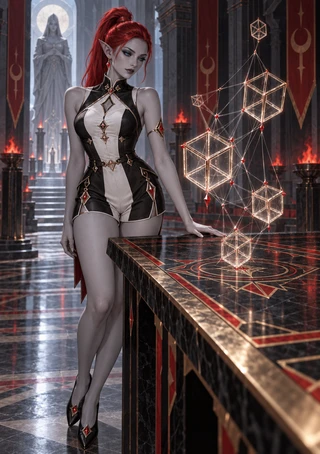 Red-haired, pointed-eared woman beside a patterned table as glowing geometric polyhedra hover in a dark ceremonial hall.