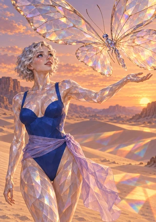 Fair-haired woman in blue raises her arm toward a giant iridescent butterfly-like creature above a desert at sunset.
