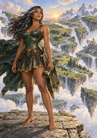 A barefoot woman holding a rolled map or scroll looks toward a sunrise over floating forested islands, rivers, castles, and mountains.