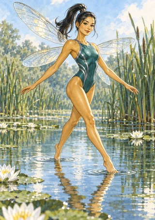 A winged woman in teal walks across a pond with ripples beneath her feet, surrounded by reeds, water lilies, and trees.