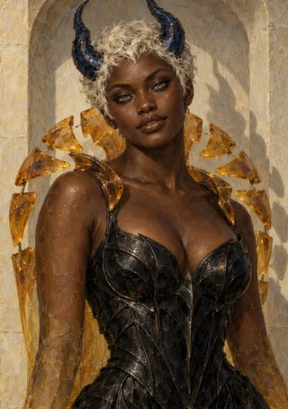 Regal horned fantasy woman with pale curls, a black bodice, and an amber angular shoulder mantle before a stone arch.