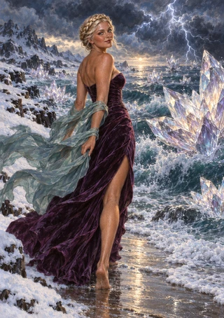 Fair-haired woman in a flowing plum gown beside crystal formations on an icy shore beneath lightning and storm clouds.