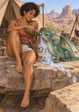 A seated woman pours from a canteen toward a small turquoise dragon beside a tent in a red-rock desert camp.