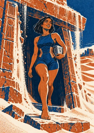 Short-haired woman in a blue outfit steps from a monumental orange-and-cream desert doorway, carrying a small rectangular object.