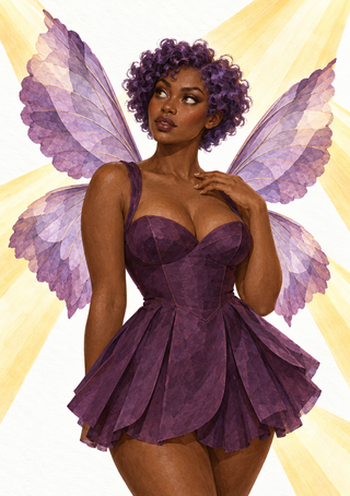 A dark-skinned fairy with short purple curls, a layered purple dress, and translucent lavender wings against pale yellow rays.