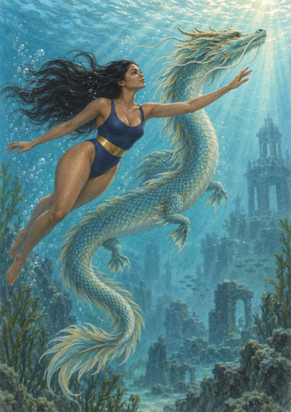 Woman swimming beside a long pale blue-green dragon with whiskers and antler-like horns among underwater ruins.