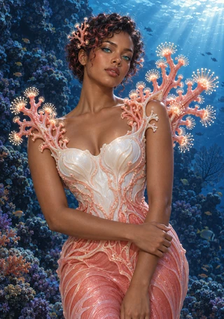 Fantasy woman in a pale shell-like bodice and pink gown framed by branching coral underwater, with reef, fish silhouettes and sunlight.