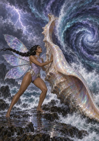 Winged woman in lavender braces against a huge iridescent conch in rough ocean water beneath a spiral storm cloud and lightning.