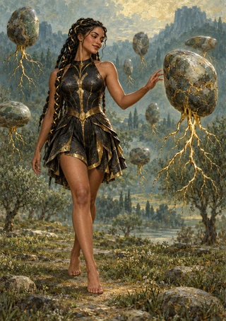 Braided woman in a black-and-gold outfit reaching toward a root-hung floating stone in a muted mountain landscape.