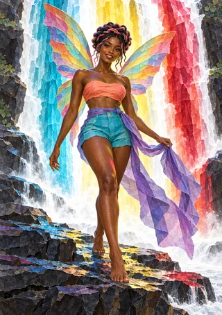 Smiling fairy with multicolored wings before a rainbow-banded waterfall, holding flowing purple fabric.