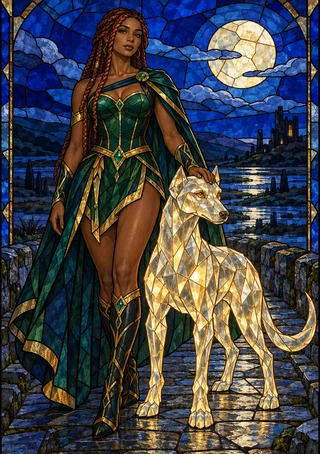 Emerald-and-gold-clad woman beside a pale-gold faceted hound beneath a moon in a stained-glass-like scene.