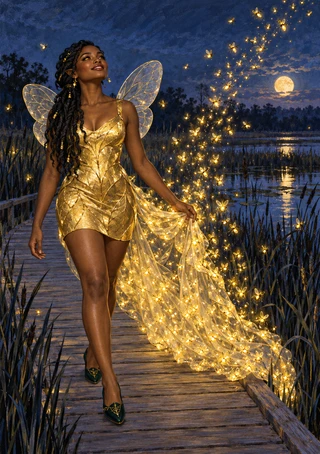 Winged woman in a gold leaf-like dress walks along a moonlit marsh boardwalk, trailing golden light through the night.