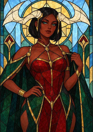 Woman in a red-and-gold bodice and dark green cape framed by pale curved horn-like forms in a stained-glass-style setting.