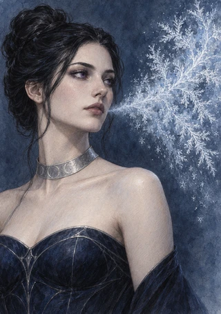 Close portrait of a dark-haired woman wearing a silver crescent-moon choker beside pale frosted branches.