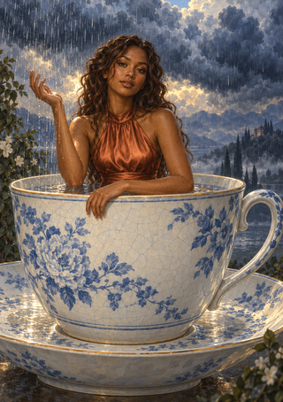 Woman in a copper dress inside an oversized blue-and-white floral teacup during a rainstorm, with a distant lit settlement.