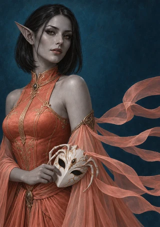Pointed-eared woman in a coral gown holding an ornate ivory mask as sheer coral ribbons stream across a blue background.