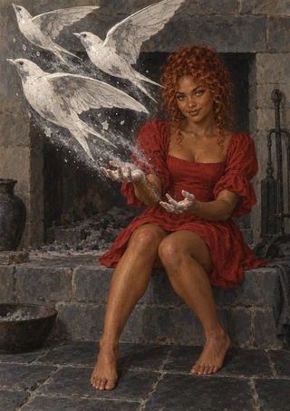 Red-haired woman in a red dress sits on a stone ledge with hands extended as three pale long-winged birds fly overhead.