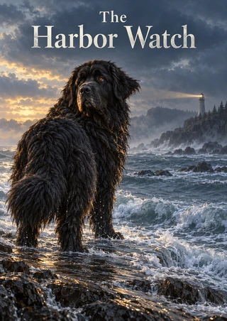 Large shaggy black dog looking back from foamy surf, with a lighthouse beam crossing mist above a rocky headland and cream title lettering at the top.