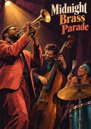 Three jazz musicians perform together: a foreground trumpeter, a double bassist, and a drummer beneath the title “Midnight Brass Parade.”