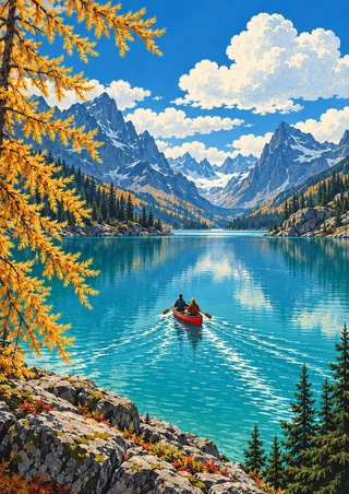 Two paddlers in a red canoe leave a bright V-shaped wake on a turquoise mountain lake, with golden larch, evergreen slopes and snowy peaks.