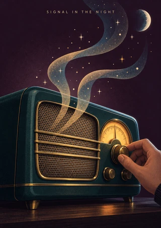Dark teal tabletop radio with brass details and a glowing amber dial, a hand turning its tuning knob as two pale-gold sound ribbons curl toward stars and a crescent moon.