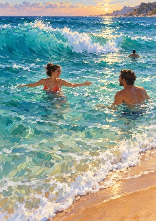 Two adult swimmers face each other in shallow turquoise surf while a third swimmer appears farther out, beneath a breaking wave and a pink-gold evening sky.