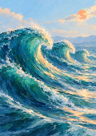 Three principal ocean wave crests with white foam beneath a clouded sky and a coral sun at upper right.