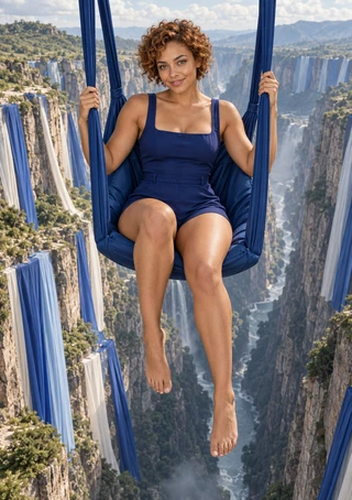 Short-haired woman in a navy outfit seated in a blue-strapped fabric chair above a canyon with waterfall-like bands.