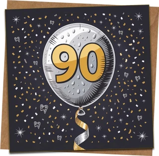 90th Birthday Card – Black Gold Silver Balloon Design, Confetti Theme, 145mm x 145mm Square, Blank Inside, Includes Kraft Envelope, For Him Her Mum Dad Grandad Nan Friend
