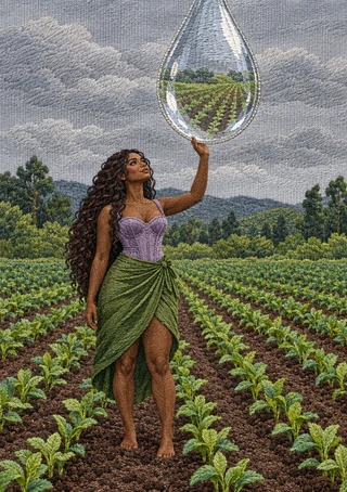 A woman in a lavender bodice and green skirt reaches toward a giant clear droplet containing crop rows above a cultivated field beneath heavy clouds.