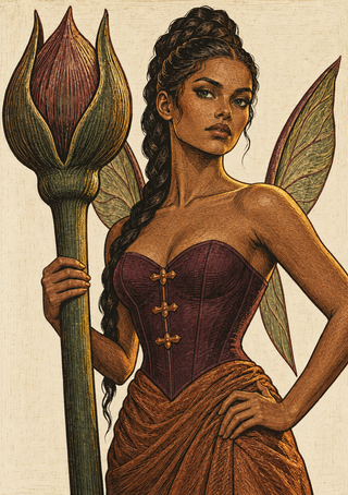 Illustrated winged woman in a burgundy bodice holding a tall green staff topped with a large pod-like flower.