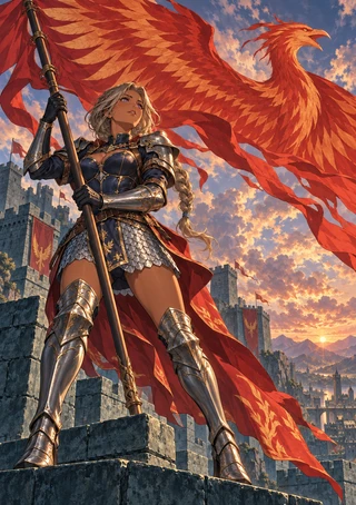 Armored blonde woman holding a staff on a stone battlement, with a huge red-orange phoenix over a distant city at sunset.