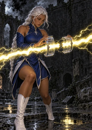 Silver-haired woman in blue holding clear circular objects around a bright lightning bolt in a ruined stone setting.