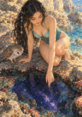 Woman kneeling beside a star-filled tide pool with a small owl perched on sunlit rocks.