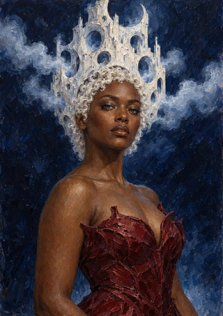 Close portrait of a dark-skinned woman with white curls, a pale cratered crown-like form, a dark red garment, and a moonlike structure against clouds.