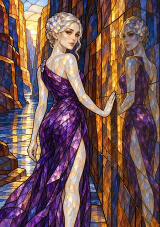 Faceted crystal-like woman in a purple gown touches a reflective wall in an angular multicoloured corridor, with her reflection filling the right side.