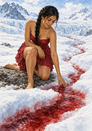 A woman in a red dress kneels beside a winding crimson stream in a snowy mountain landscape.